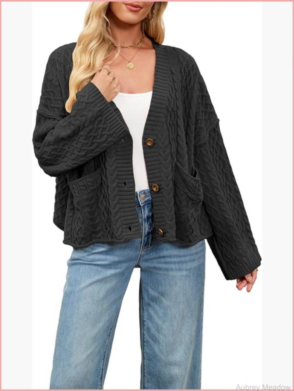 Button Up Cable Knit Cardigan with Pocket, Oversized Plus Size Knitted Sweater